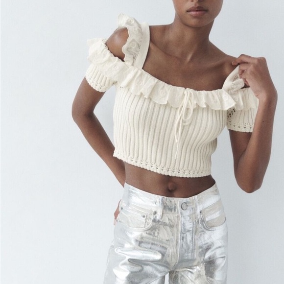 Zara Cold Shoulder Knit Cropped Sweater Ruffle Tie Top Size Large - Picture 1 of 7